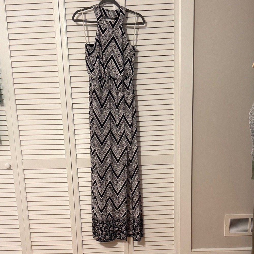 Three Pink Hearts Black White Chevron Floral Halter Maxi Dress Medium